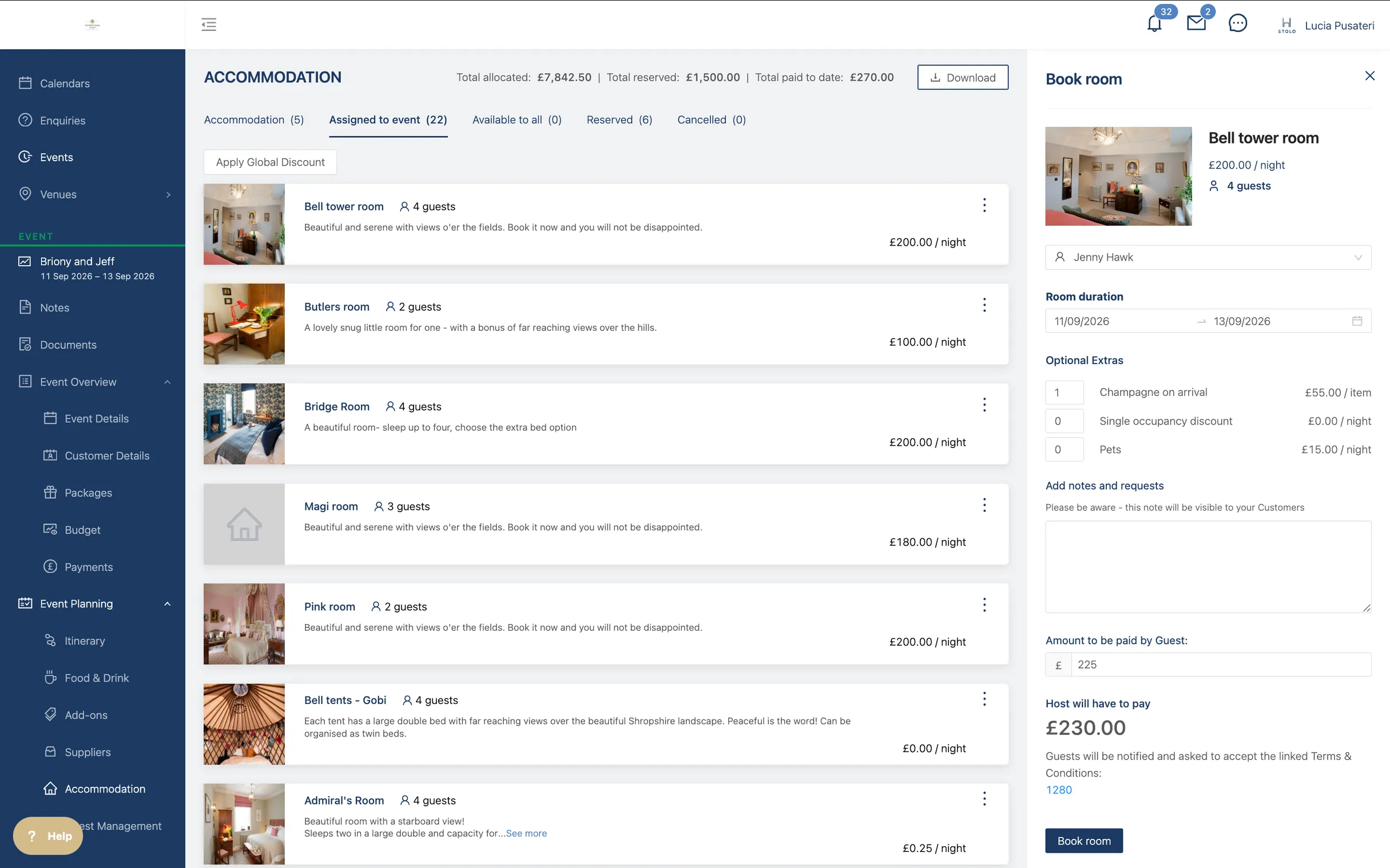 Rooms assigned to one event with the "Book room" panel open, showing the guest, the dates, the extras, and how much the guest pays against how much the host pays.