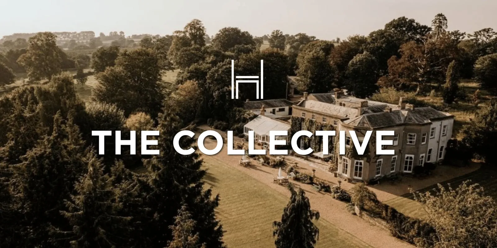 The Collective, written beneath the Hostology H over an aerial photograph of a country house and its gardens.