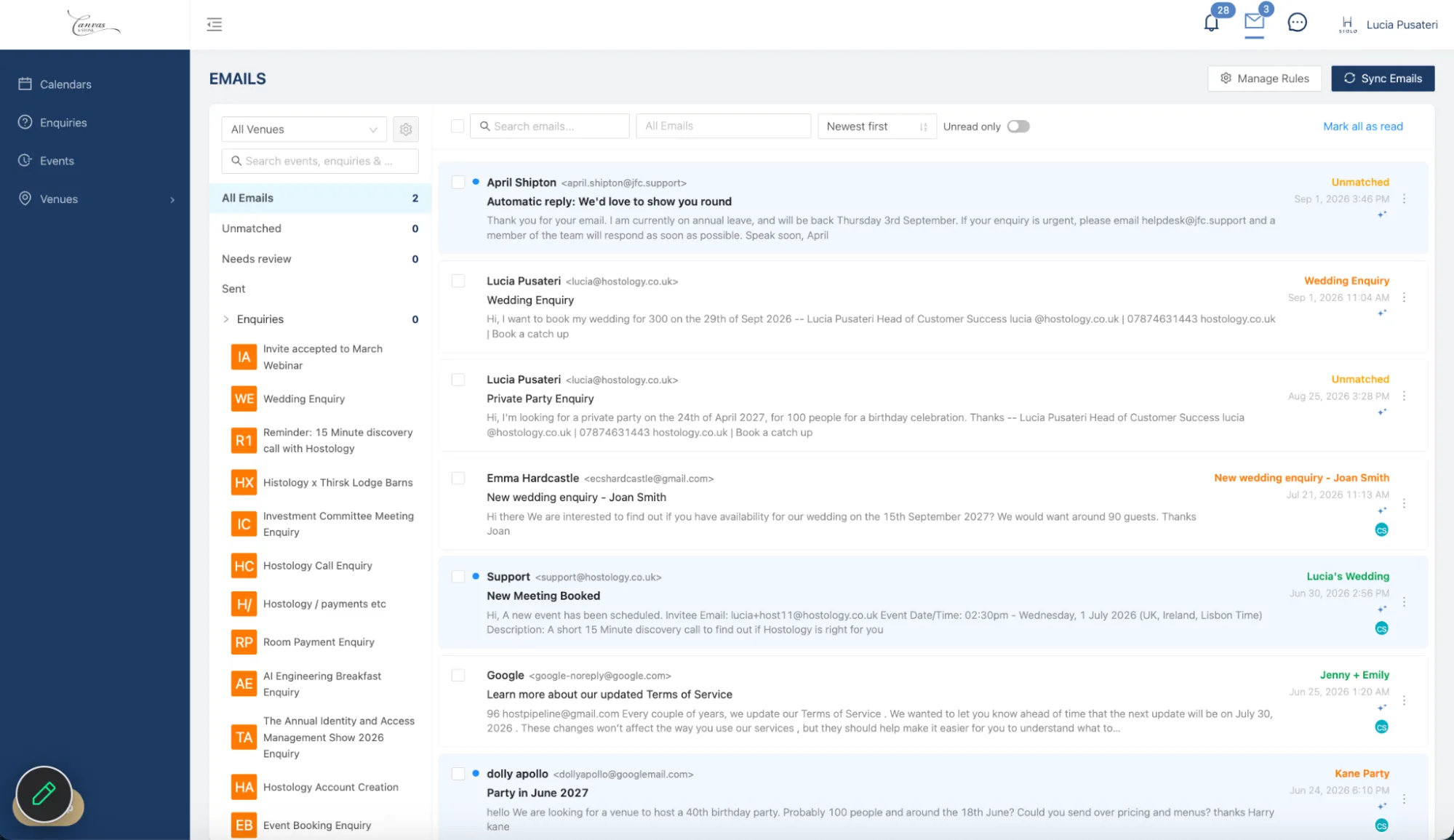The Emails screen, listing enquiry and event conversations in one inbox, each labelled with the enquiry or event it has been matched to.