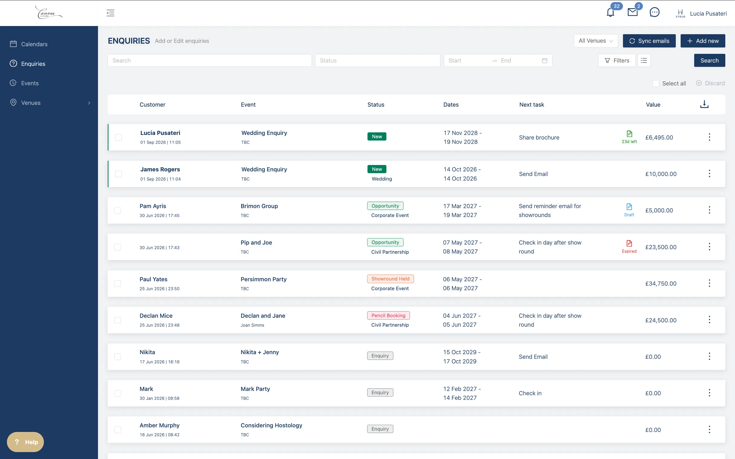 The enquiry pipeline in Hostology: each enquiry with its customer, event, status, dates, next task and value.