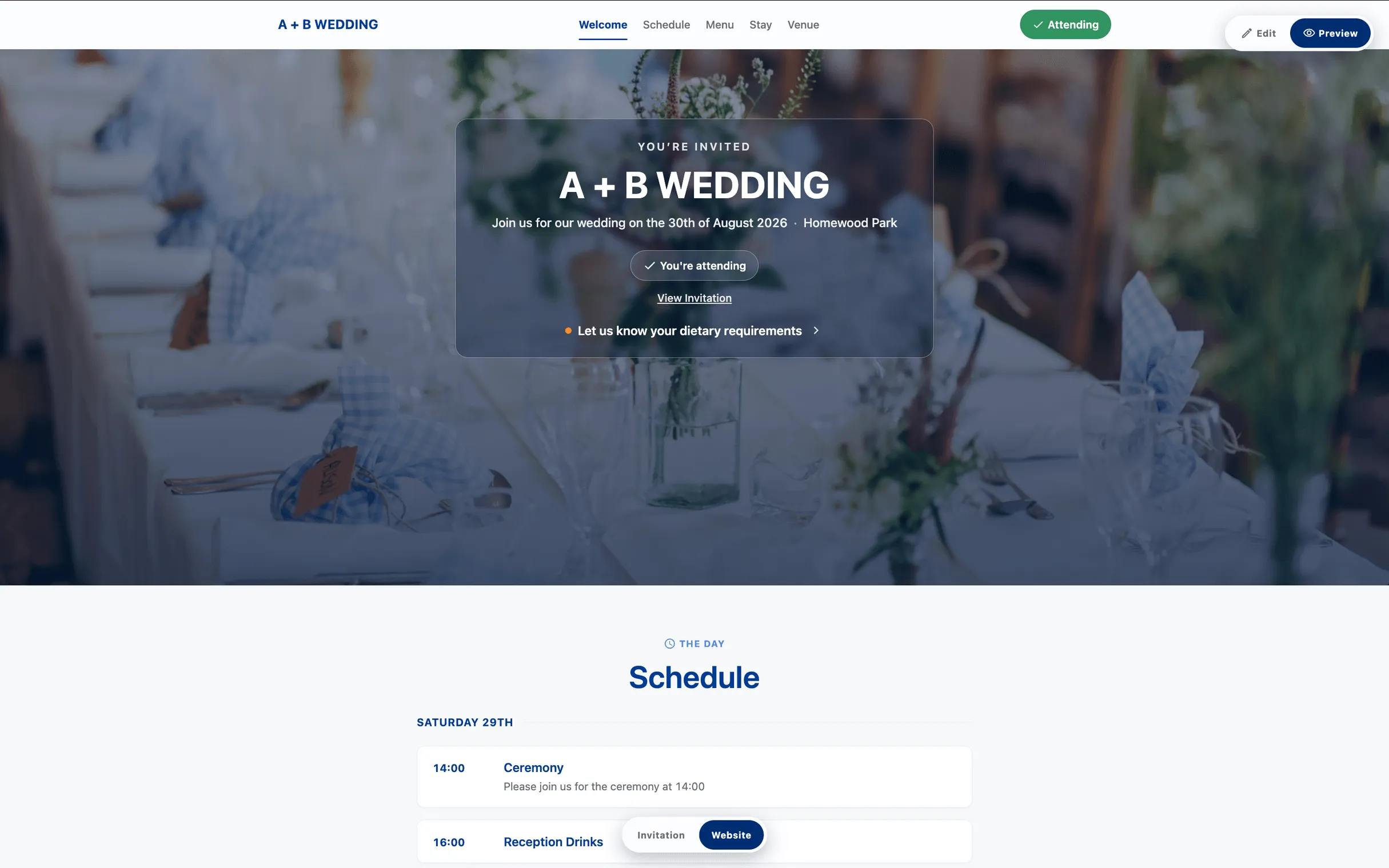 A couple's wedding website for their day at Homewood Park, showing their invitation, their attendance and the schedule for the day.
