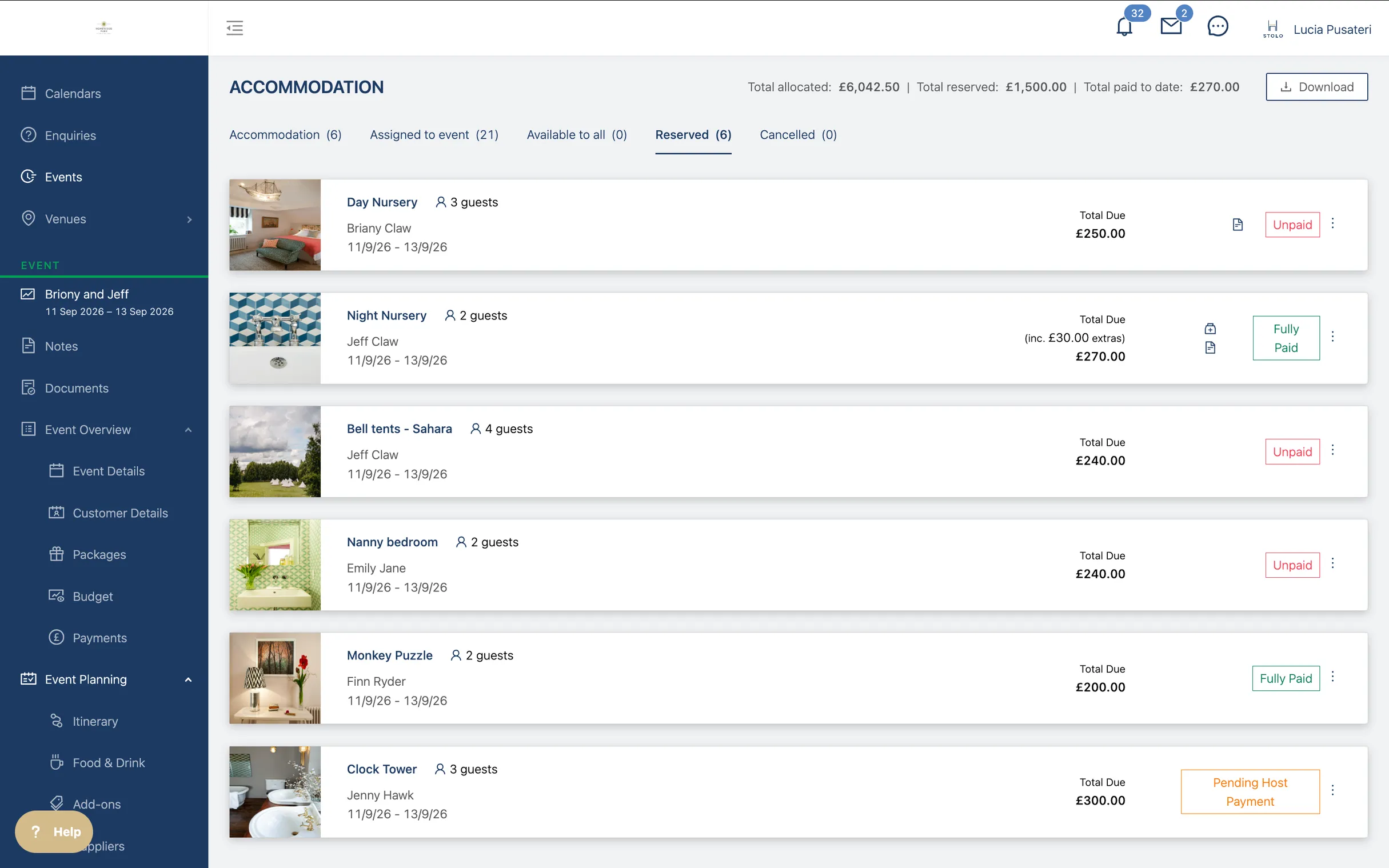 The accommodation list for one event: six rooms with photographs, the guest assigned to each and whether that room has been paid for.