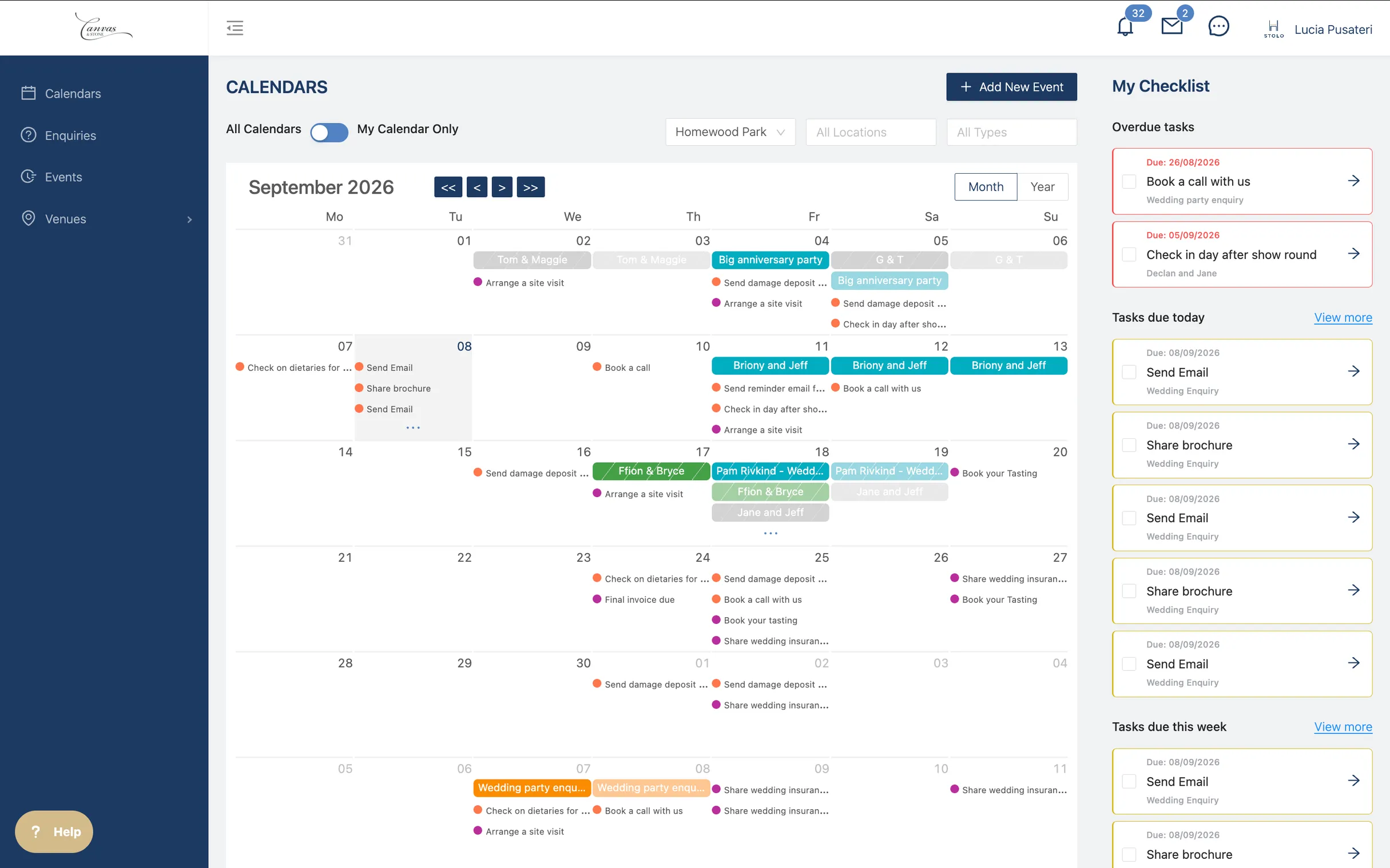 The venue team's calendar for the month: every event and its tasks by day, with overdue tasks and today's checklist alongside.