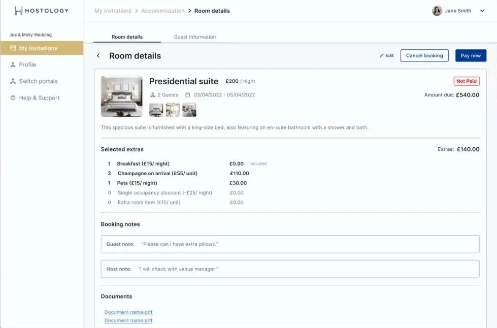 Hostology host login showing a booked room with its extras, booking notes, documents and amount due.