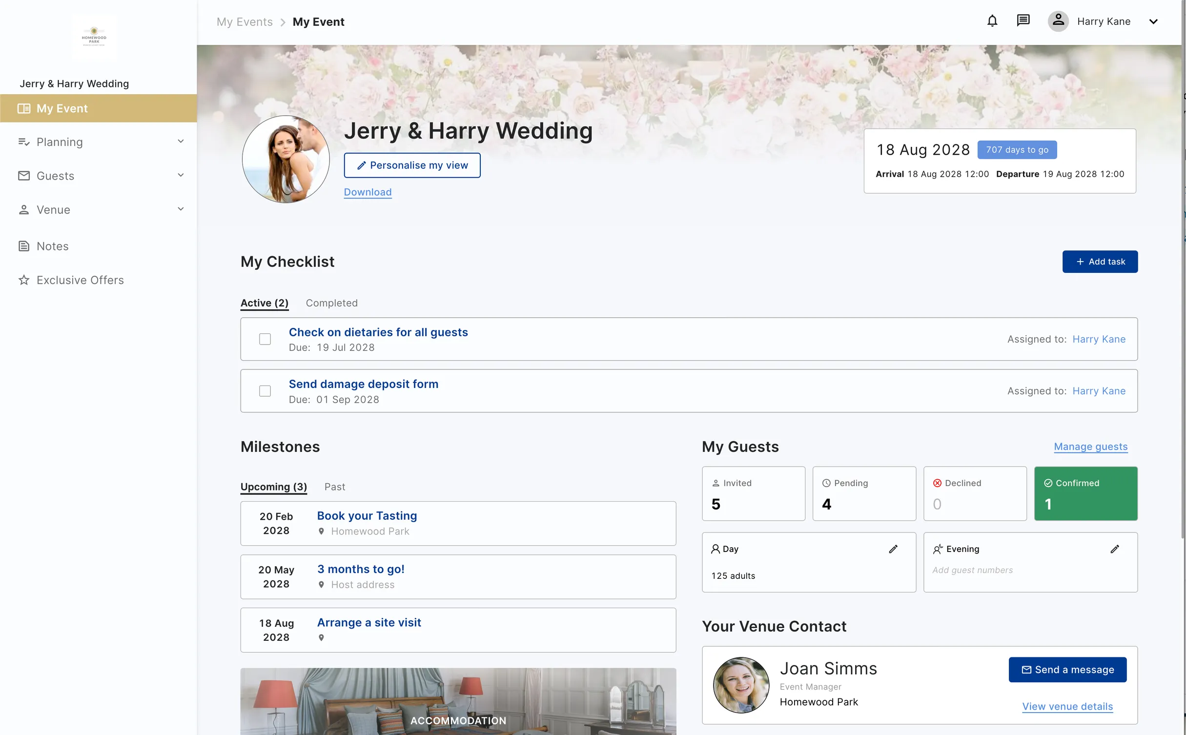 The host's own portal for a wedding: the couple's names, the date and a countdown to the day, a planning checklist with a due date and owner on each task, upcoming milestones, counts of invited, pending, declined and confirmed guests, and the venue's event manager.