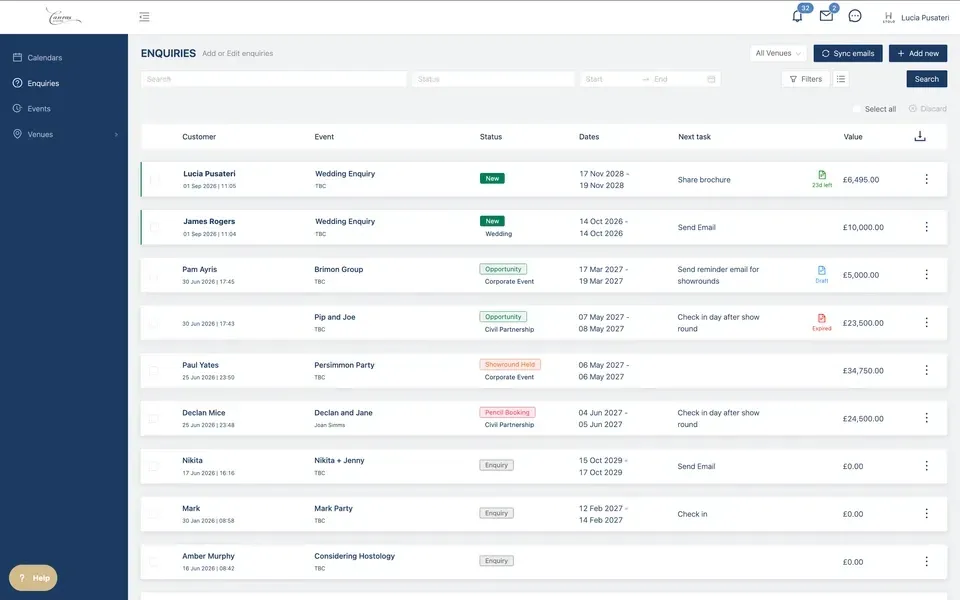 Hostology enquiries pipeline showing each lead’s status, event date and next task