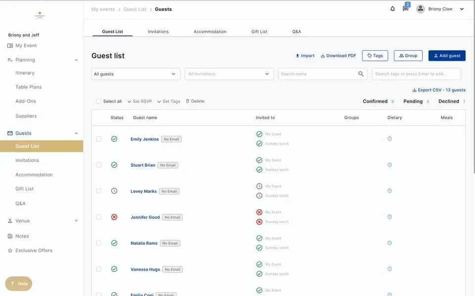 Host portal guest list showing RSVPs, invitations and dietary details