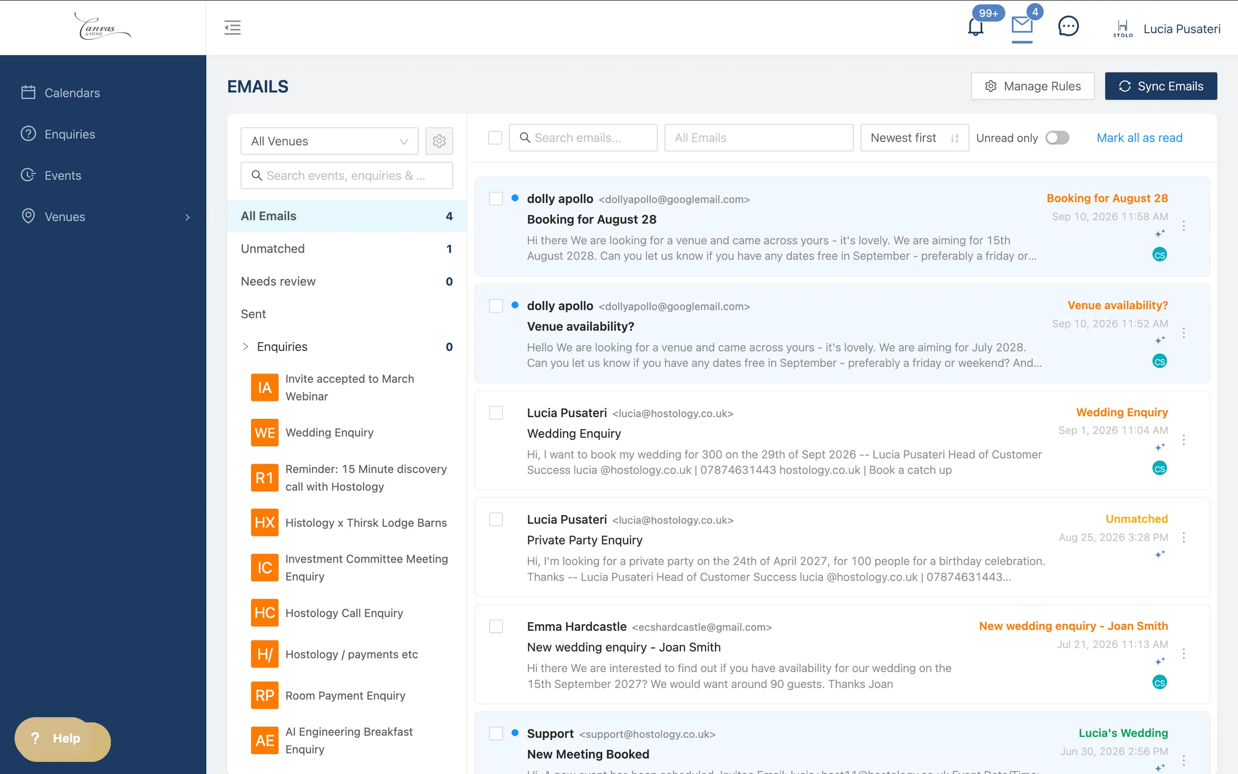 One inbox for the venue team: emails synced from the connected mailbox, each matched to its enquiry or event, with "Unmatched" and "Needs review" queues alongside.