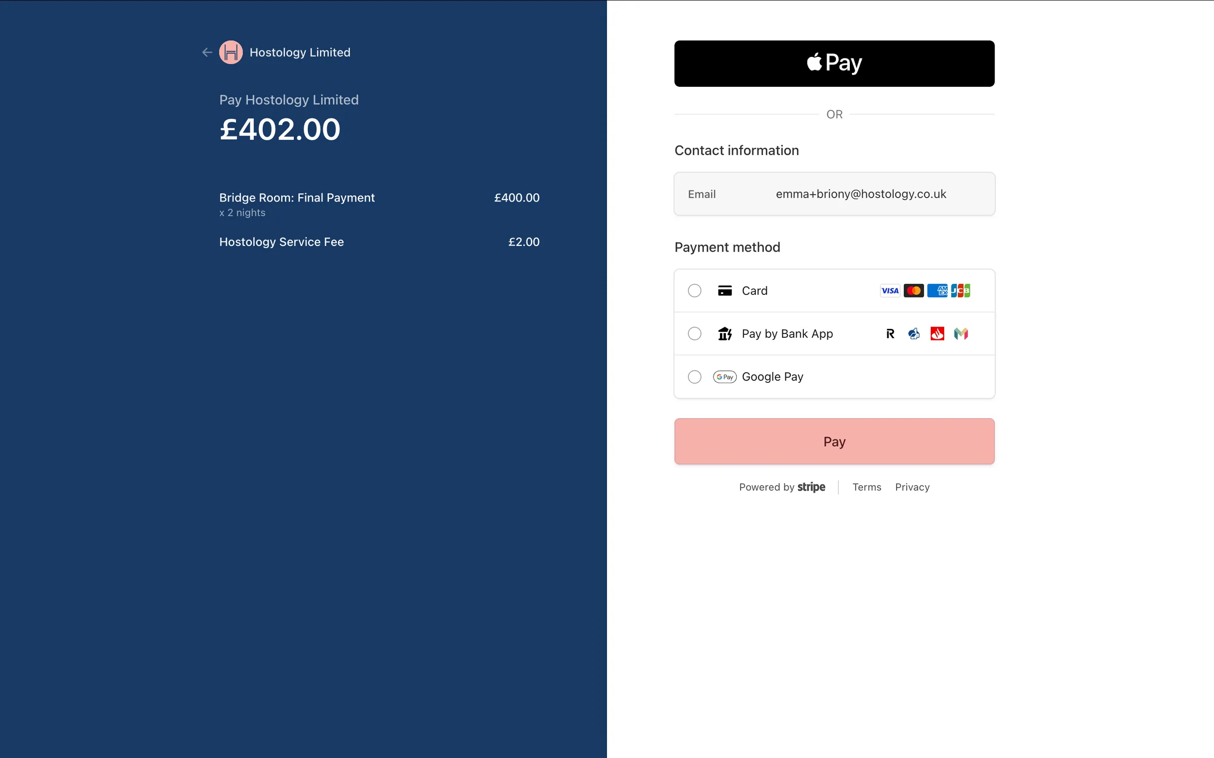 A guest paying for their room through Stripe checkout, with Apple Pay, card, Pay by Bank and Google Pay to choose from.