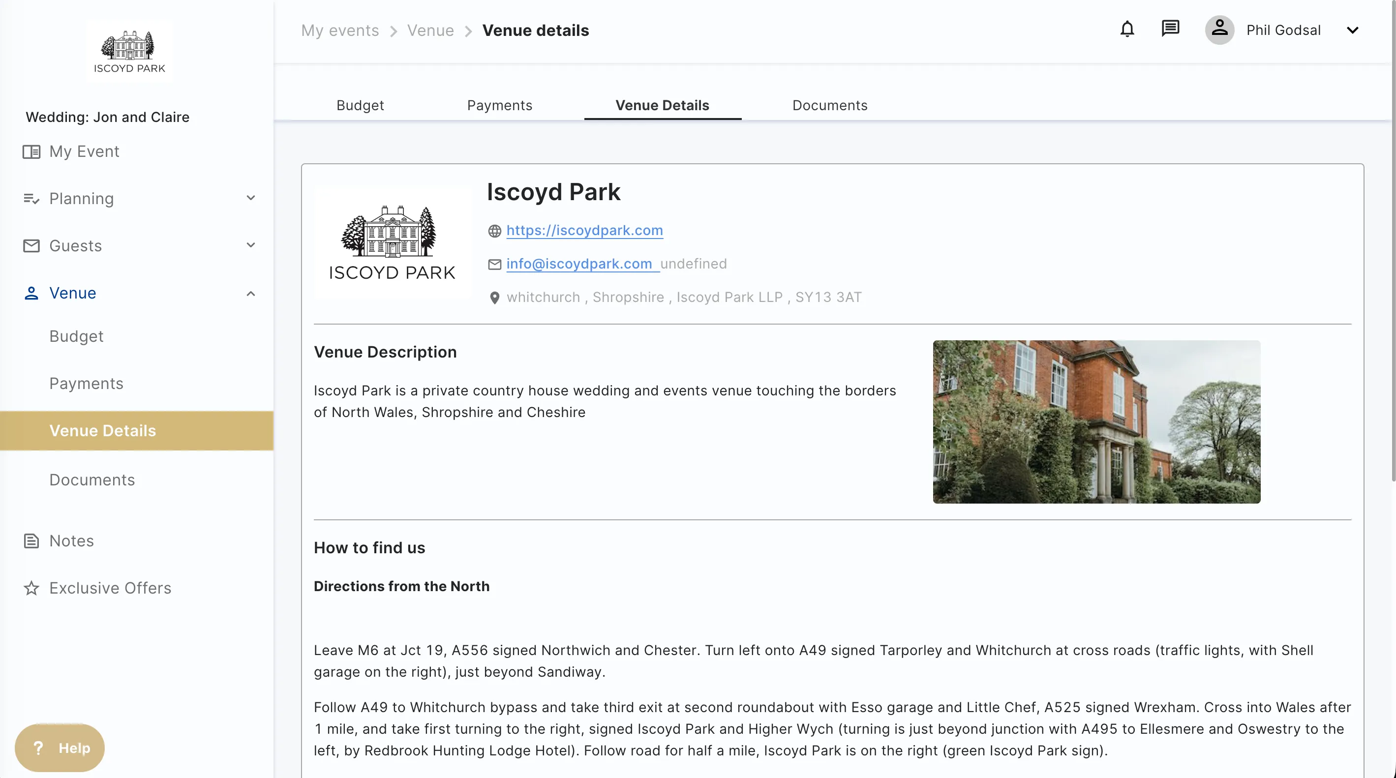 Hostology host portal showing Iscoyd Park's venue details page, with the planning, guests and venue menus alongside.