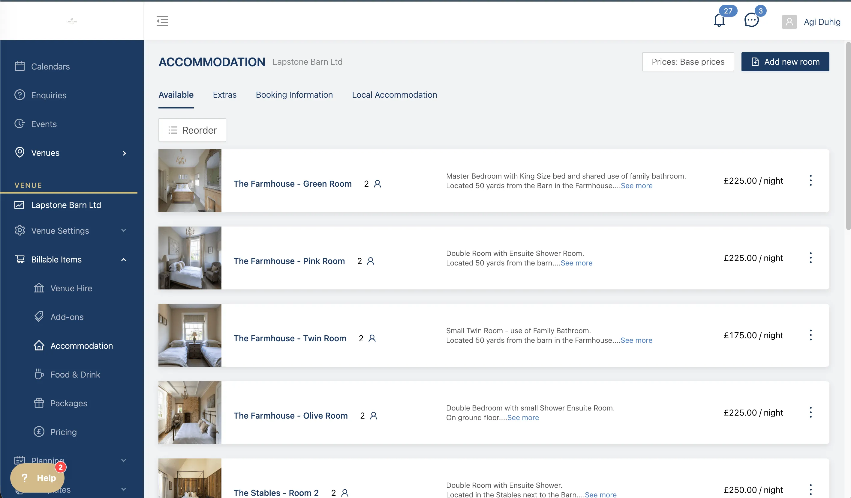 Hostology accommodation screen showing a venue's rooms with photographs, occupancy, descriptions and nightly prices.