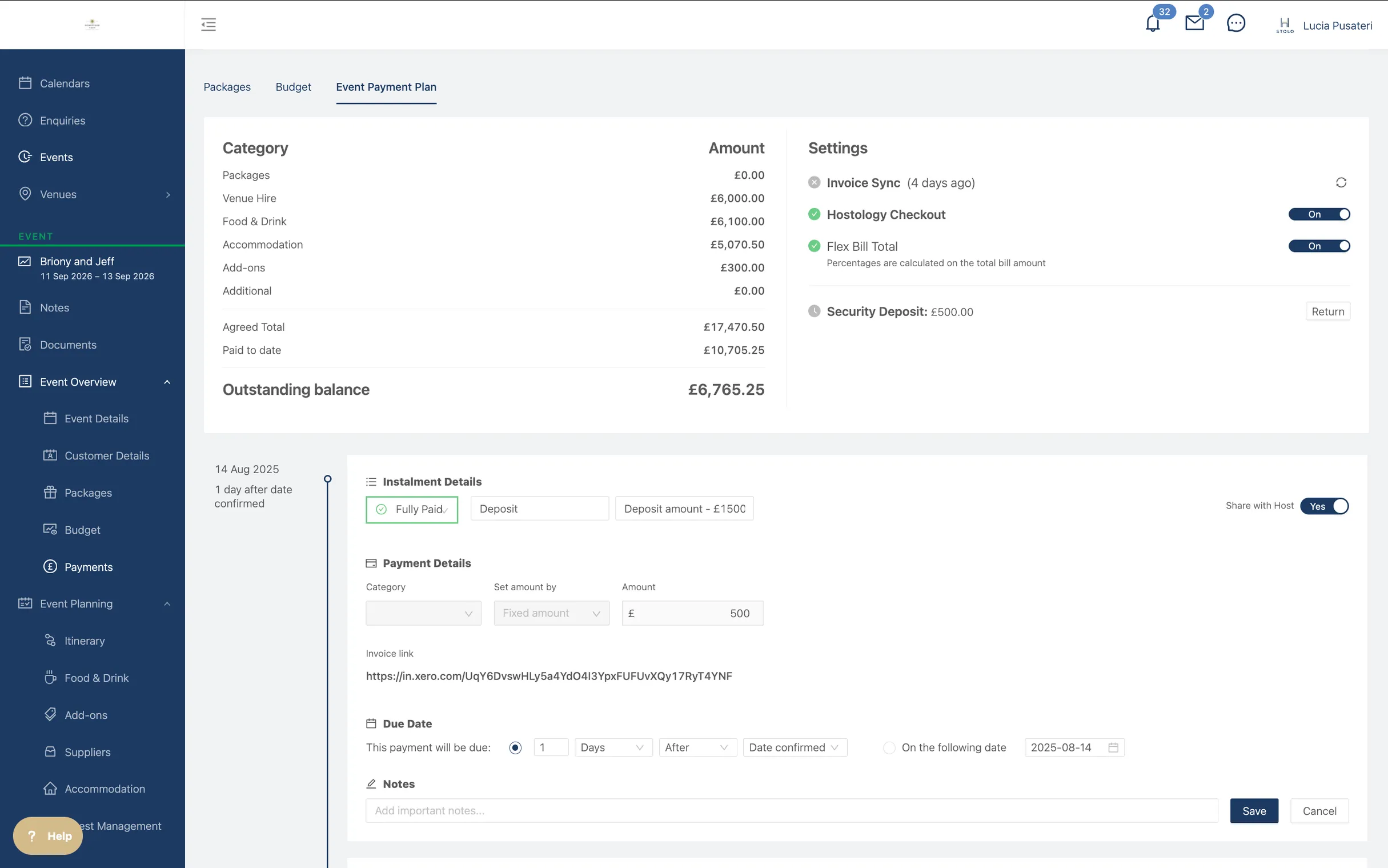 An event payment plan: the agreed total, the amount paid so far, the balance outstanding, the Xero and checkout toggles, and the instalment editor.