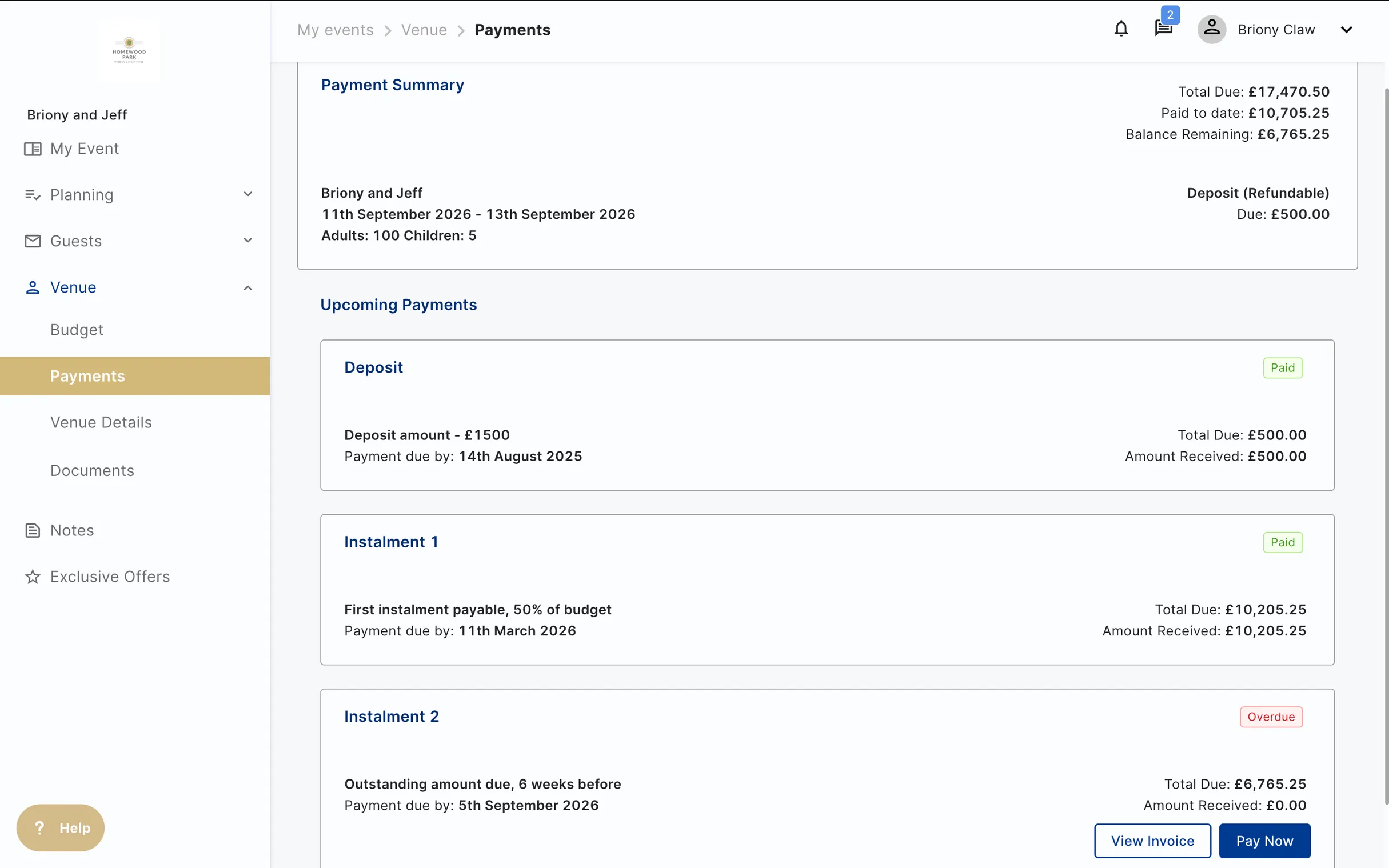 The host's payments page: the total due and balance remaining, with the deposit and first instalment paid and the second instalment overdue, ready to pay online.