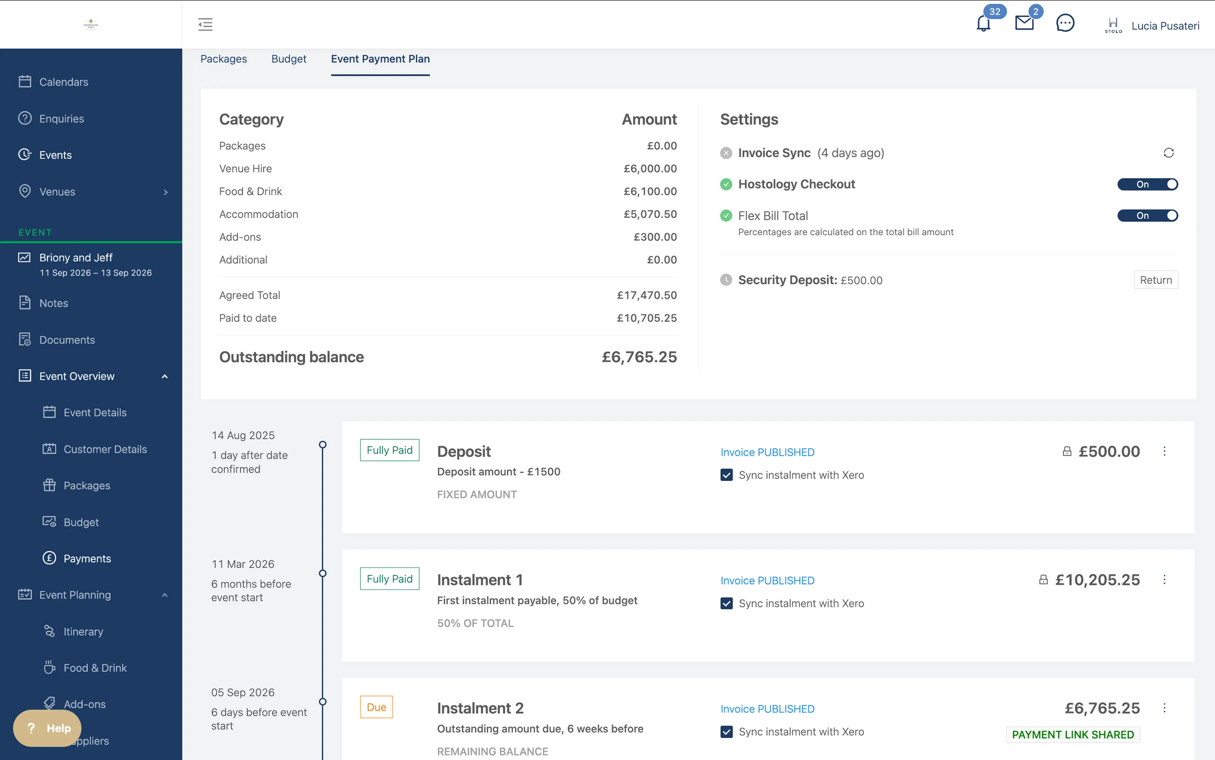 An event payment plan: the total by category, the outstanding balance, and each instalment with its status and Xero sync.
